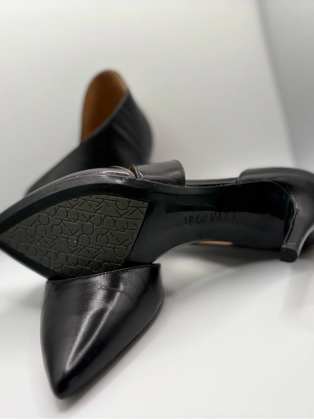 Calvin Klein Black Leather Pointed-Toe Wrap-Strap Heels